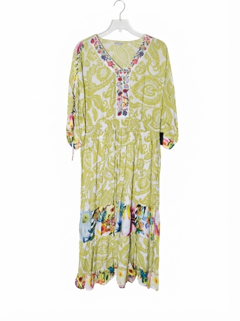 NWT John Mark Lime Paisley Floral Trim Embroidered Maxi Dress Size M